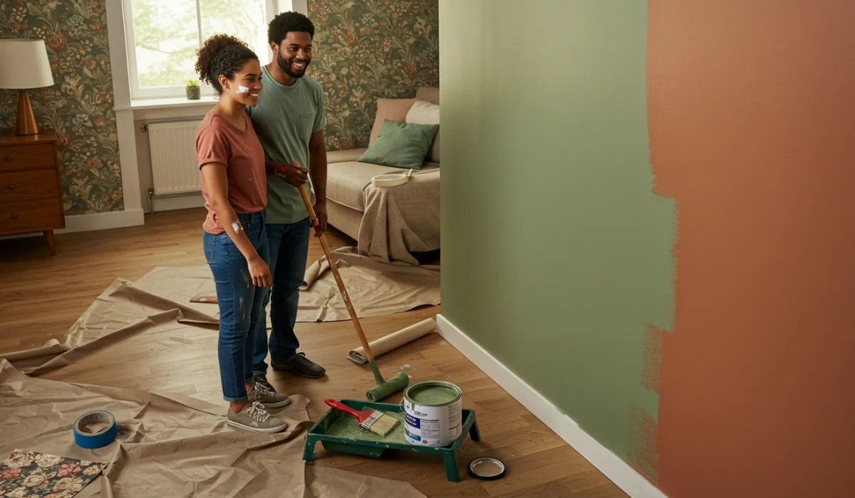 A couple standing on a tarp in a living room, contemplating wall color choices for an Affordable Home Renovation; green and orange paint samples on the wall.