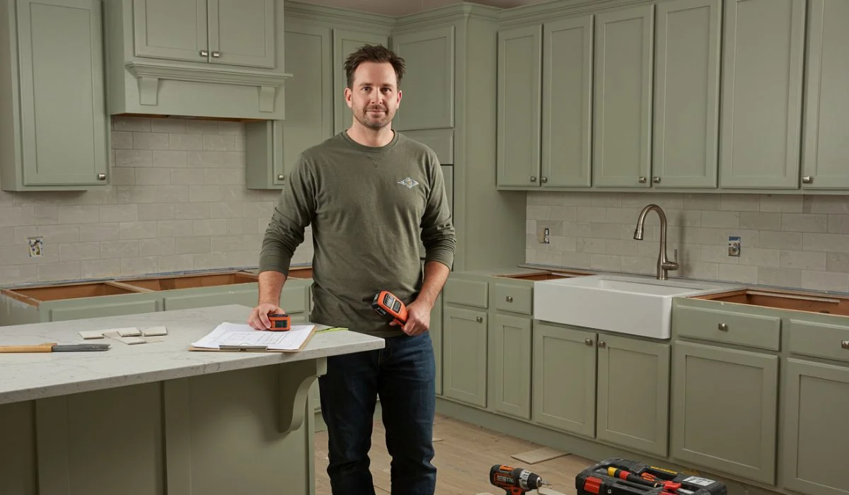 A House Flipping Contractor stands in a partially renovated kitchen with green cabinets, holding tools and plans, amid uninstalled cabinetry and a sink.