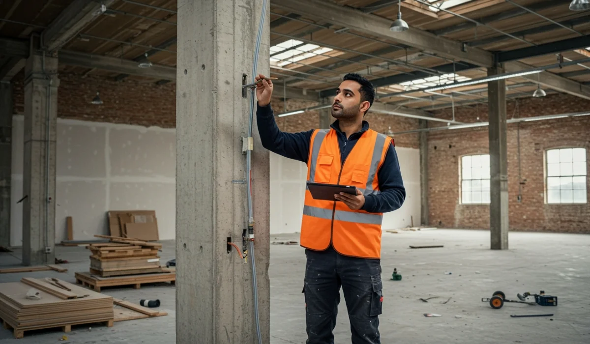 A construction worker in a reflective vest measures a wall during a Warehouse Interior Renovation project, with tools and materials scattered around.