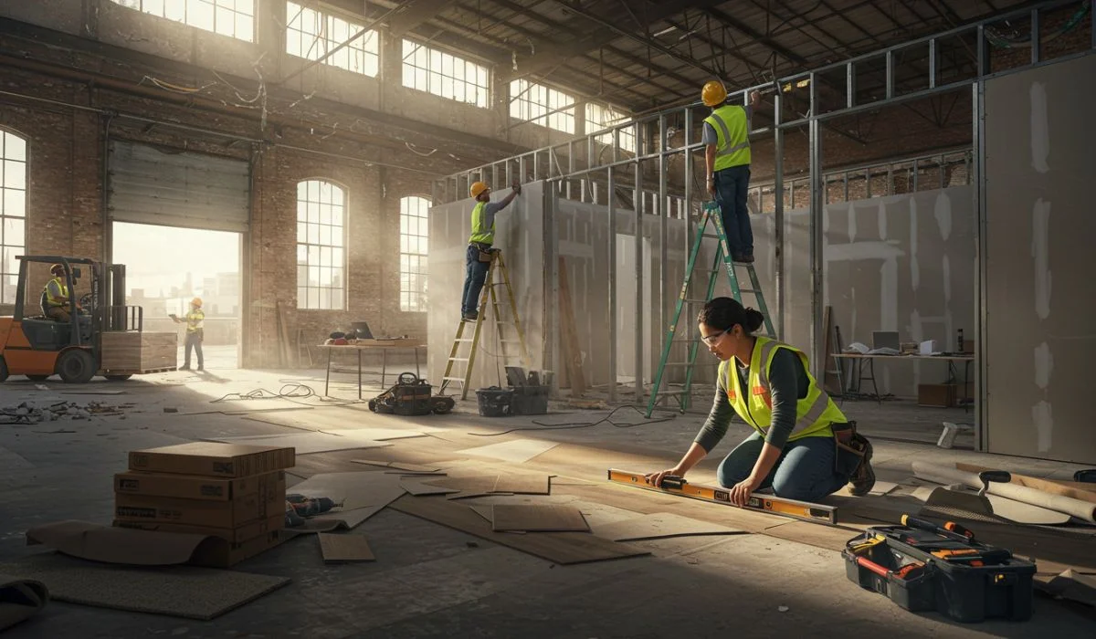 Construction workers in hard hats and vests are busy building walls in a sunlit warehouse during a Warehouse Remodeling project, with tools and materials scattered around.
